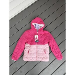 Eddie Bauer Jacket Girls Large 14/16 Pink Reversible Hooded Puffer Fuzzy Coat